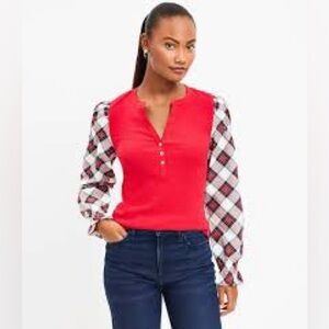 Loft Plaid Henley Mixed Media Top